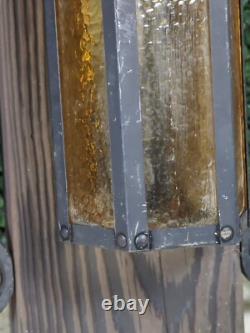 2 Vtg 1960s Gothic Medieval Mid Century light Lantern metal Amber Bubble glass