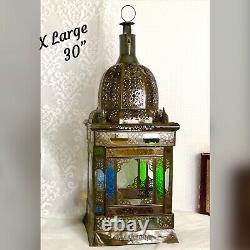 30 Vintage Moroccan Lantern Stained Glass Pierced Metal Candle holder hang XL