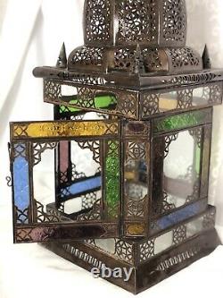 30 Vintage Moroccan Lantern Stained Glass Pierced Metal Candle holder hang XL