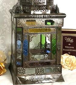 30 Vintage Moroccan Lantern Stained Glass Pierced Metal Candle holder hang XL