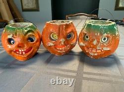 3 Vintage Paper Mache Pumpkin Jack O' Lantern withPaper Liners
