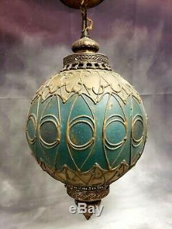 AMAZING Leaded Stained Painted Glass 24 Lantern Lamp Shade Ceiling Light Vtg