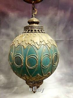 AMAZING Leaded Stained Painted Glass 24 Lantern Lamp Shade Ceiling Light Vtg