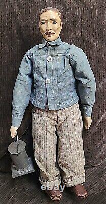 ANTIQUE FOLK ART Hand Made Doll MAN HOLDING LANTERN Vintage 16