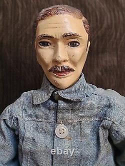 ANTIQUE FOLK ART Hand Made Doll MAN HOLDING LANTERN Vintage 16