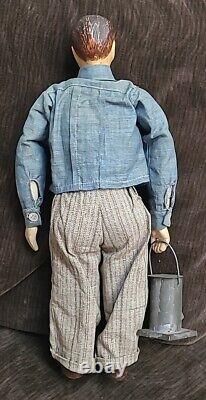 ANTIQUE FOLK ART Hand Made Doll MAN HOLDING LANTERN Vintage 16