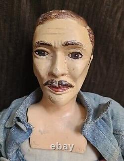 ANTIQUE FOLK ART Hand Made Doll MAN HOLDING LANTERN Vintage 16