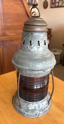 ANTIQUE MARITIME RED SIGNAL LANTERN, SHIP'S OIL LAMP, (KEROSENE). 1890-1930s
