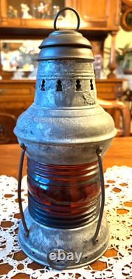 ANTIQUE MARITIME RED SIGNAL LANTERN, SHIP'S OIL LAMP, (KEROSENE). 1890-1930s