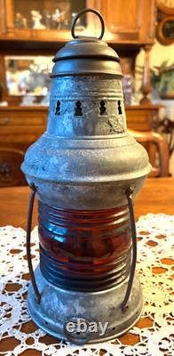 ANTIQUE MARITIME RED SIGNAL LANTERN, SHIP'S OIL LAMP, (KEROSENE). 1890-1930s