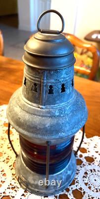 ANTIQUE MARITIME RED SIGNAL LANTERN, SHIP'S OIL LAMP, (KEROSENE). 1890-1930s