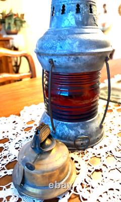 ANTIQUE MARITIME RED SIGNAL LANTERN, SHIP'S OIL LAMP, (KEROSENE). 1890-1930s