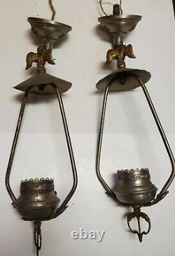 ANTIQUE PAIR OF LANTERNS LAMPS NICKEL PLATE BRASS With STARS & EAGLE FINIAL