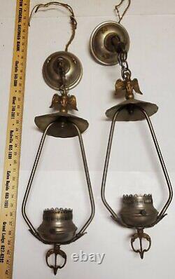 ANTIQUE PAIR OF LANTERNS LAMPS NICKEL PLATE BRASS With STARS & EAGLE FINIAL