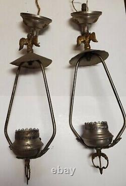 ANTIQUE PAIR OF LANTERNS LAMPS NICKEL PLATE BRASS With STARS & EAGLE FINIAL