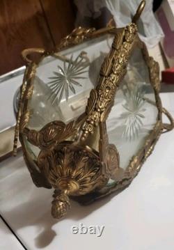 ANTIQUE VINTAGE SOLID BRASS (8 pounds) ETCHED GLASS RARE LANTERN CHANDELIER