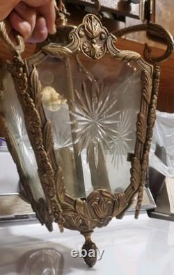 ANTIQUE VINTAGE SOLID BRASS (8 pounds) ETCHED GLASS RARE LANTERN CHANDELIER