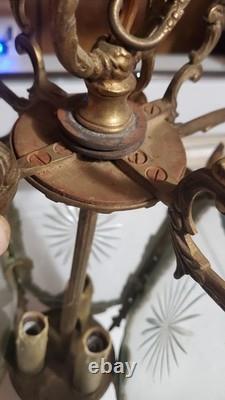 ANTIQUE VINTAGE SOLID BRASS (8 pounds) ETCHED GLASS RARE LANTERN CHANDELIER