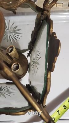 ANTIQUE VINTAGE SOLID BRASS (8 pounds) ETCHED GLASS RARE LANTERN CHANDELIER