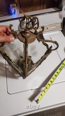 ANTIQUE VINTAGE SOLID BRASS (8 pounds) ETCHED GLASS RARE LANTERN CHANDELIER