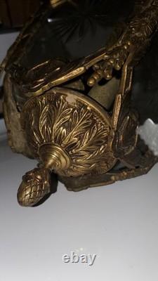 ANTIQUE VINTAGE SOLID BRASS (8 pounds) ETCHED GLASS RARE LANTERN CHANDELIER
