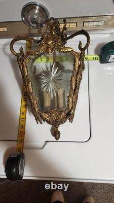 ANTIQUE VINTAGE SOLID BRASS (8 pounds) ETCHED GLASS RARE LANTERN CHANDELIER