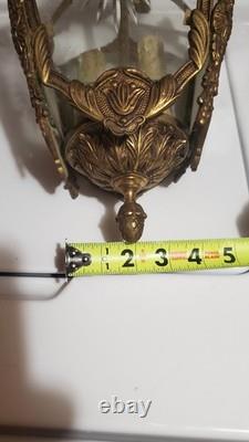 ANTIQUE VINTAGE SOLID BRASS (8 pounds) ETCHED GLASS RARE LANTERN CHANDELIER
