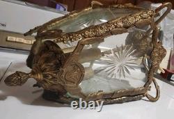 ANTIQUE VINTAGE SOLID BRASS (8 pounds) ETCHED GLASS RARE LANTERN CHANDELIER