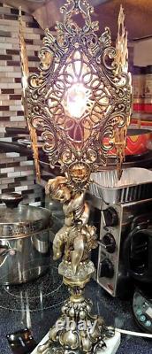 ANTIQUE brass & marble TABLE LAMP from Italy. Vintage ORNATE cherub ancient old