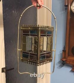 A BEAUTIFUL ANTIQUE BRASS & STAINED GLASS HALL LANTERN, circa-1870
