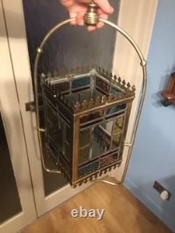 A BEAUTIFUL ANTIQUE BRASS & STAINED GLASS HALL LANTERN, circa-1870