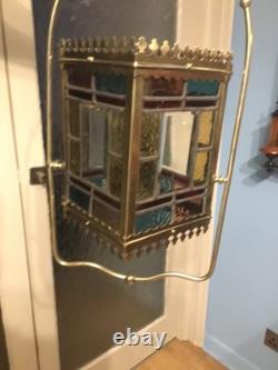 A BEAUTIFUL ANTIQUE BRASS & STAINED GLASS HALL LANTERN, circa-1870