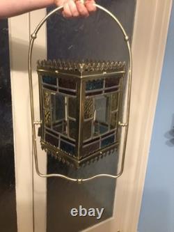 A BEAUTIFUL ANTIQUE BRASS & STAINED GLASS HALL LANTERN, circa-1870