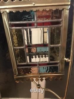 A BEAUTIFUL ANTIQUE BRASS & STAINED GLASS HALL LANTERN, circa-1870