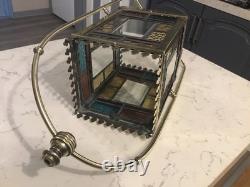 A BEAUTIFUL ANTIQUE BRASS & STAINED GLASS HALL LANTERN, circa-1870