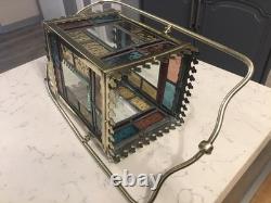 A BEAUTIFUL ANTIQUE BRASS & STAINED GLASS HALL LANTERN, circa-1870