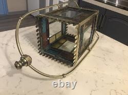 A BEAUTIFUL ANTIQUE BRASS & STAINED GLASS HALL LANTERN, circa-1870