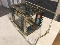 A BEAUTIFUL ANTIQUE BRASS & STAINED GLASS HALL LANTERN, circa-1870