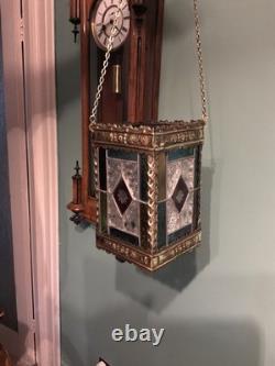A BEAUTIFUL QUALITY ANTIQUE BRASS & STAINED GLASS HALL LANTERN, circa-1870