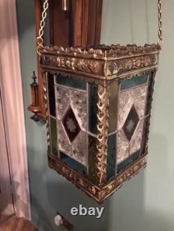 A BEAUTIFUL QUALITY ANTIQUE BRASS & STAINED GLASS HALL LANTERN, circa-1870