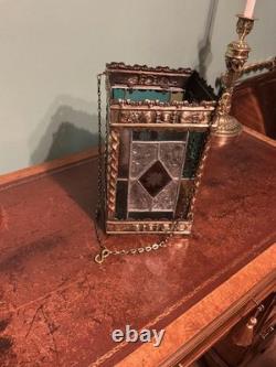 A BEAUTIFUL QUALITY ANTIQUE BRASS & STAINED GLASS HALL LANTERN, circa-1870