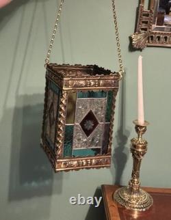 A BEAUTIFUL QUALITY ANTIQUE BRASS & STAINED GLASS HALL LANTERN, circa-1870