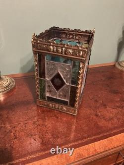 A BEAUTIFUL QUALITY ANTIQUE BRASS & STAINED GLASS HALL LANTERN, circa-1870