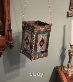 A BEAUTIFUL QUALITY ANTIQUE BRASS & STAINED GLASS HALL LANTERN, circa-1870