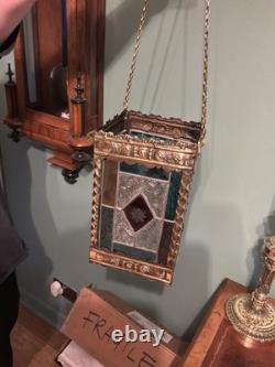 A BEAUTIFUL QUALITY ANTIQUE BRASS & STAINED GLASS HALL LANTERN, circa-1870
