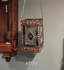 A BEAUTIFUL QUALITY ANTIQUE BRASS & STAINED GLASS HALL LANTERN, circa-1870