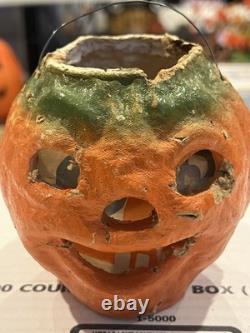 All-Original Antique Vintage Halloween Paper Mache Pulp Jack o' Lantern, 30s-40s