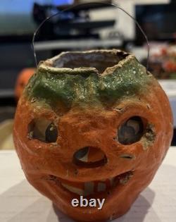 All-Original Antique Vintage Halloween Paper Mache Pulp Jack o' Lantern, 30s-40s