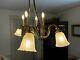 Antique 1800's Brass Gasolier Billiard Chandelier Light with Orig. Shades 36