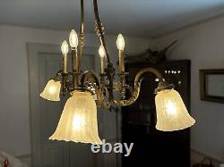 Antique 1800's Brass Gasolier Billiard Chandelier Light with Orig. Shades 36